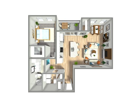 Floor plan for 1 bed, 1 bath, 873 sqft